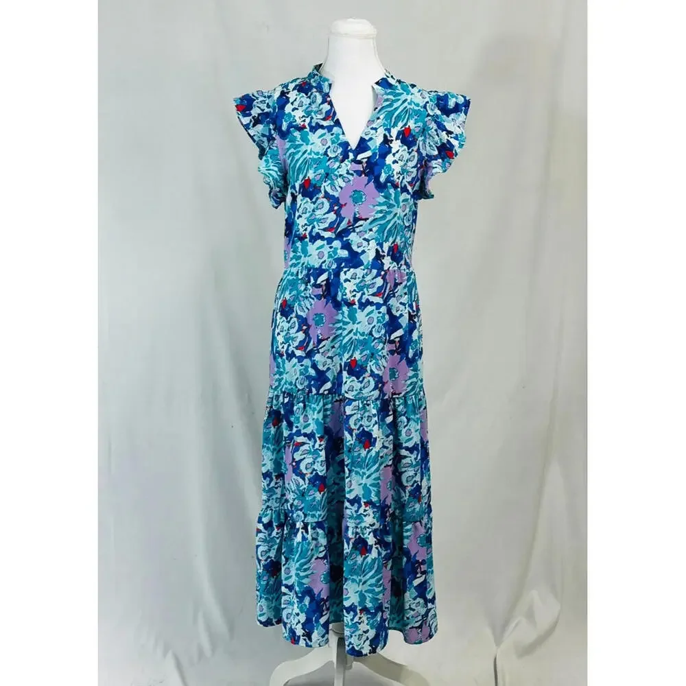Pretty Garden Sz M Boutique Floral Ruffle Midi Dress Spring‎ Easter Cottage